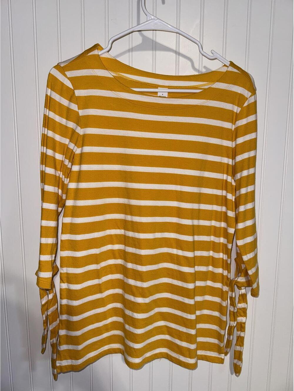 Yellow and White Striped Long Sleeve Top with Side Ties - S